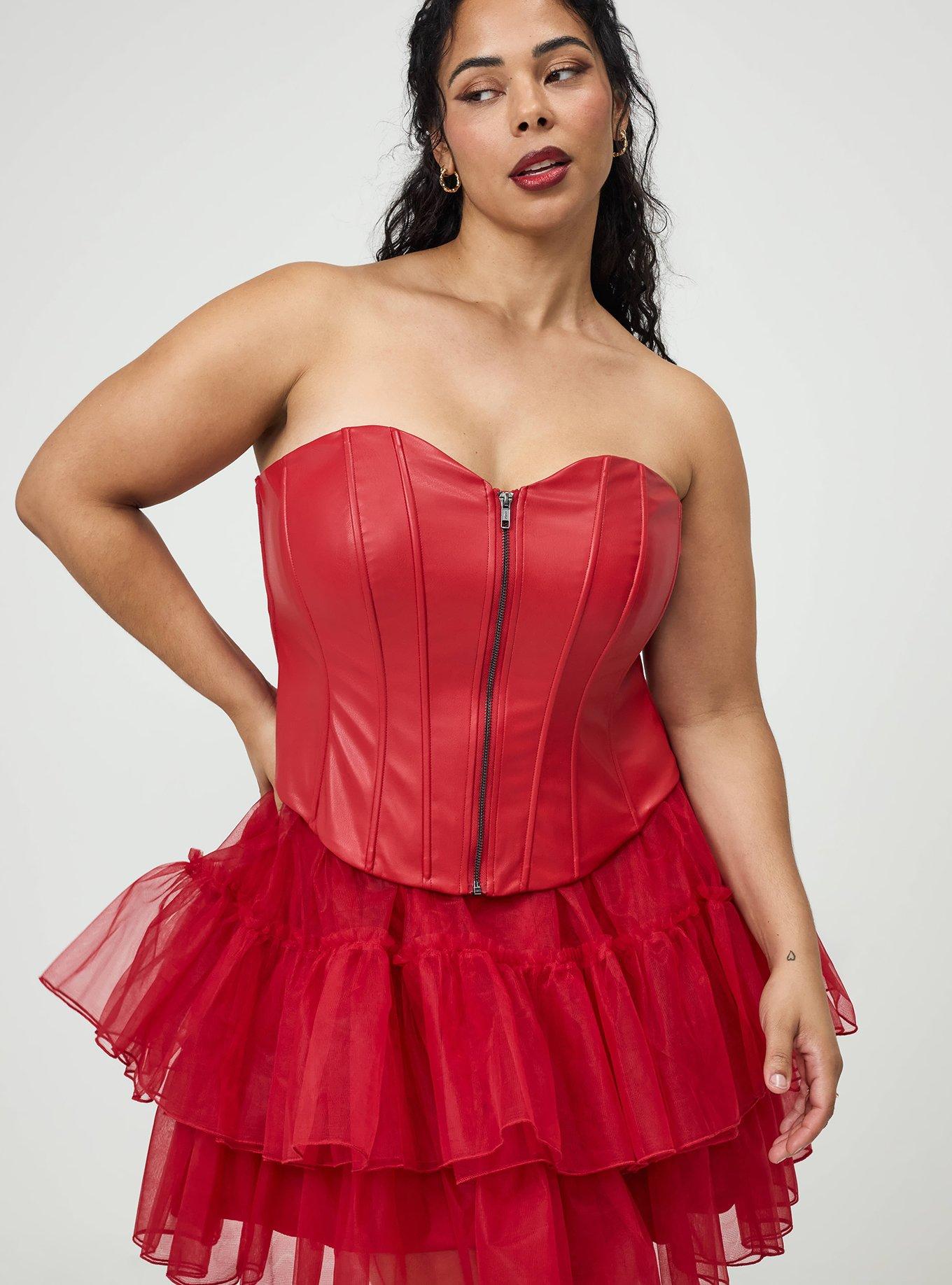 Plus Size Halloween Zip-Front Corset, JESTER RED, hi-res