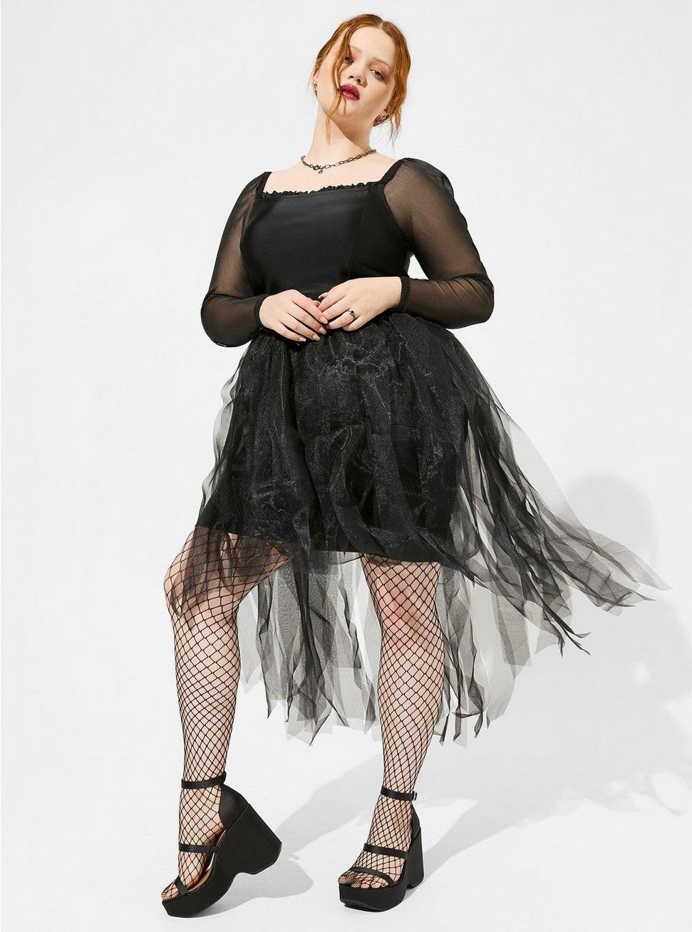 Plus Size Hi-Low Off Shoulder Black Dress, DEEP BLACK, alternate