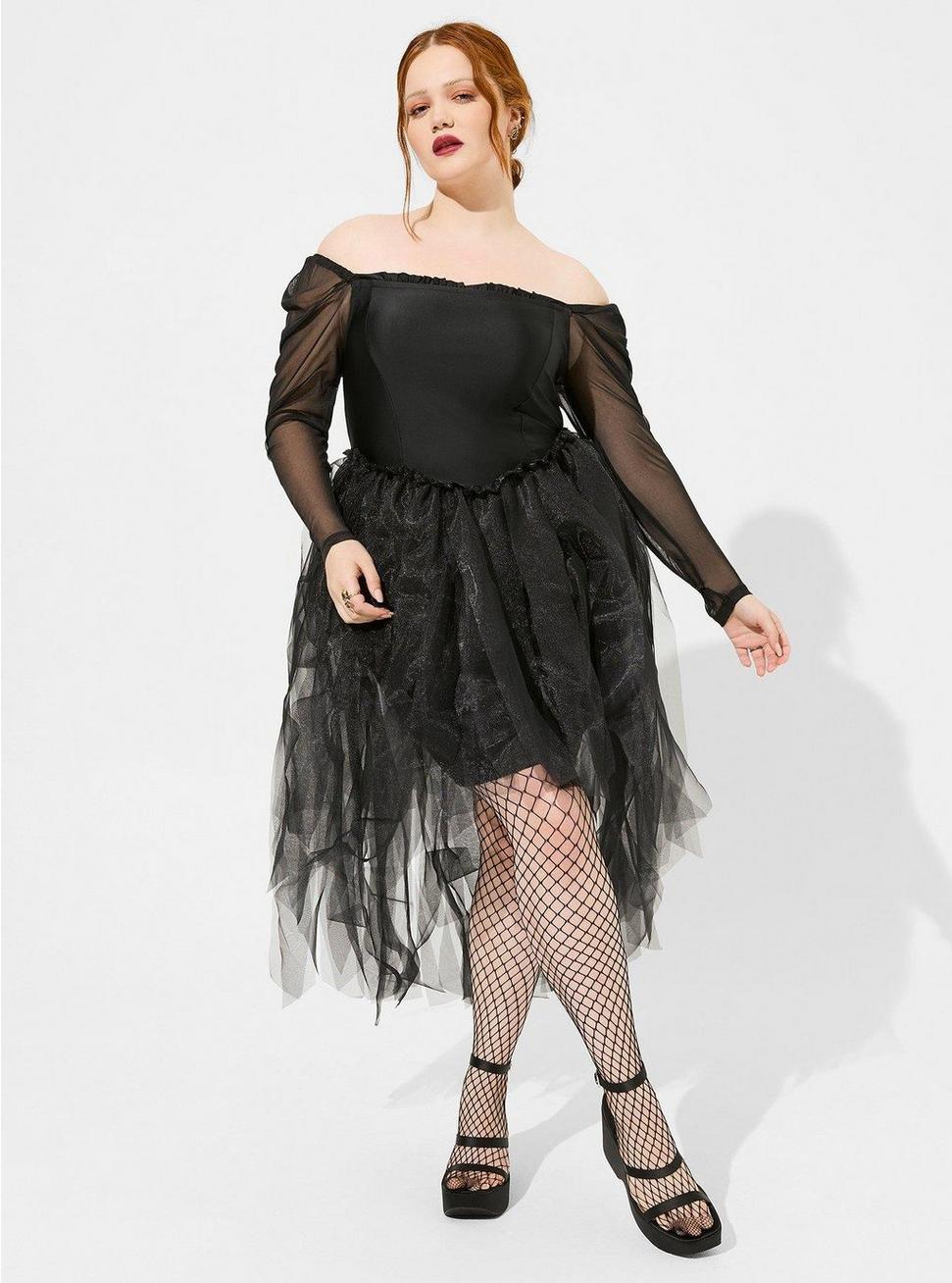 Plus Size Hi-Low Off Shoulder Black Dress, DEEP BLACK, hi-res