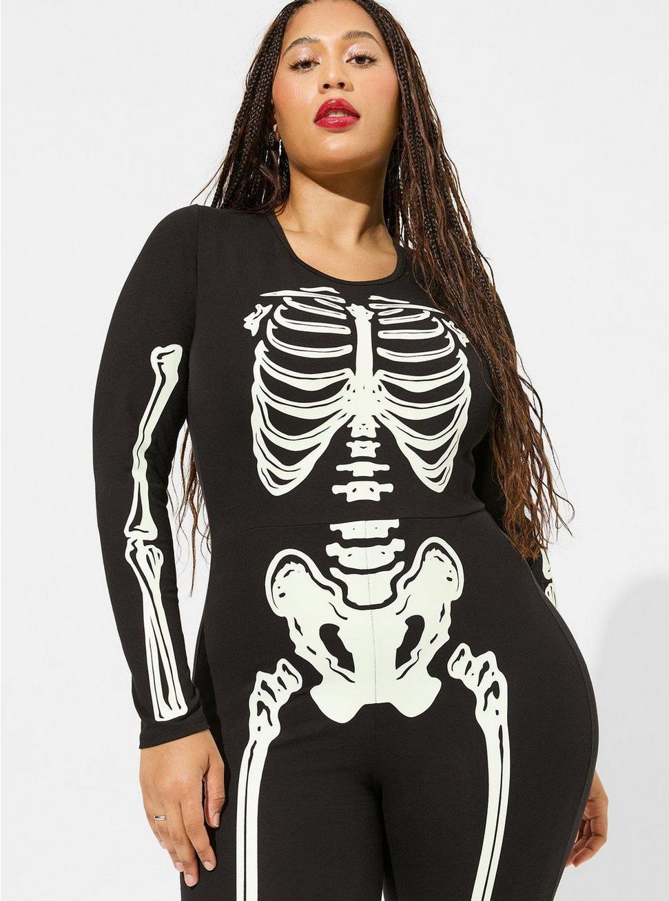 Plus Size Skeleton Glow In The Dark Long Sleeve Bodysuit, DEEP BLACK, alternate