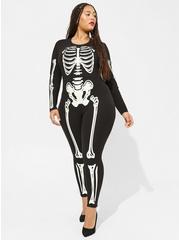 Plus Size Skeleton Glow In The Dark Long Sleeve Bodysuit, DEEP BLACK, hi-res