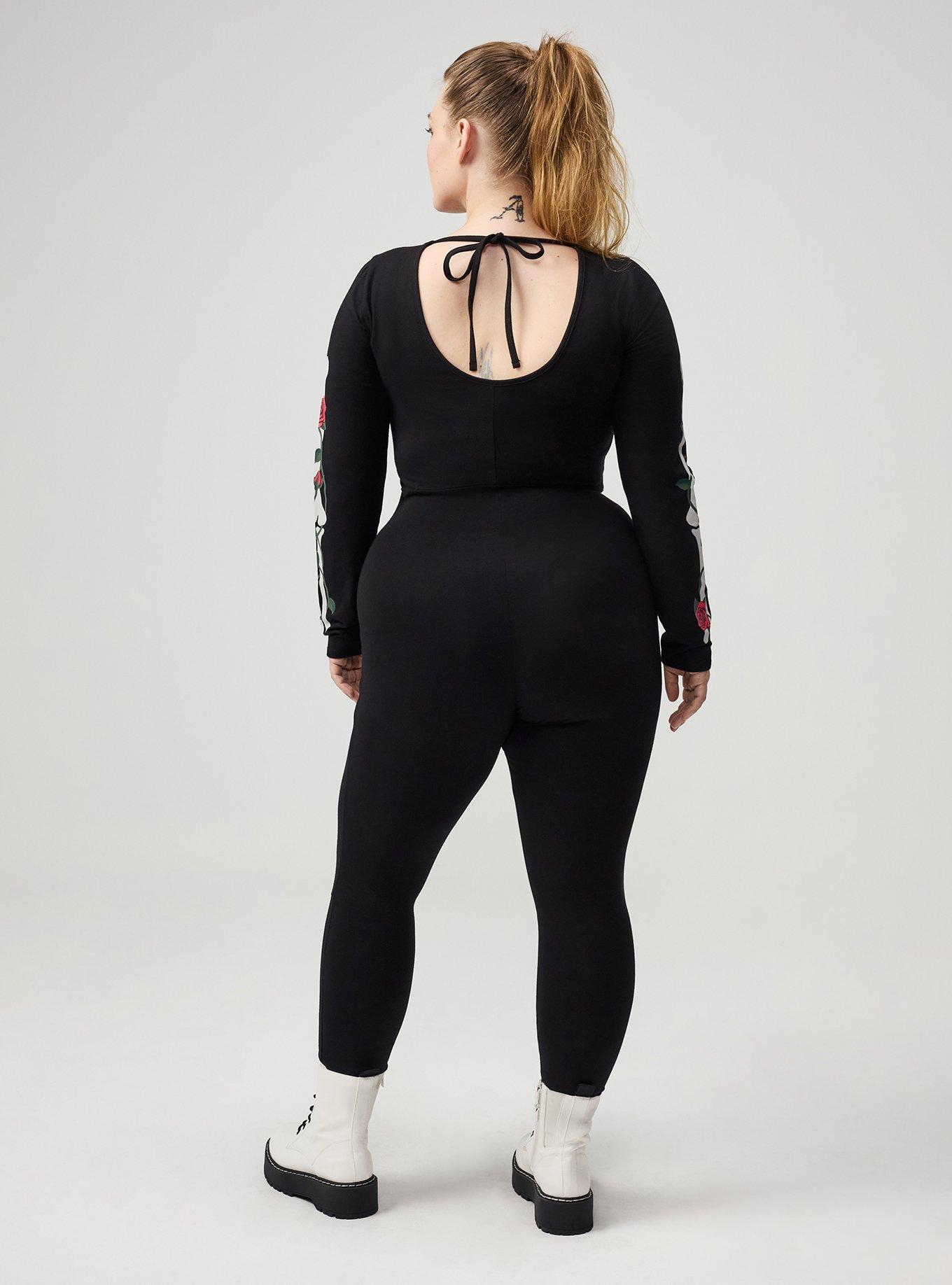 Plus Size Skeleton Long Sleeve Bodysuit, DAY OF ROSES SKELETON DEEP BLACK, alternate