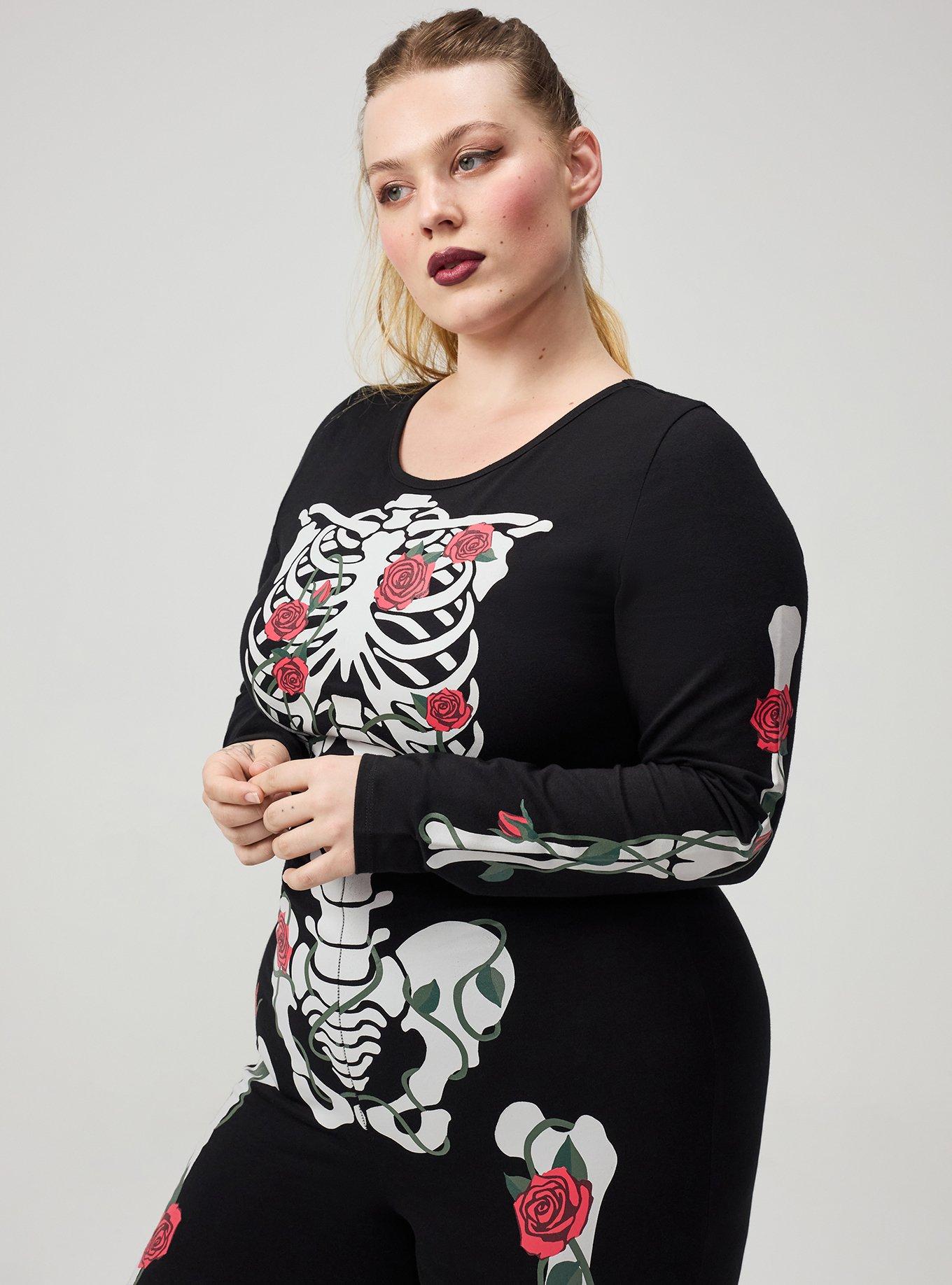 Plus Size Skeleton Long Sleeve Bodysuit, DAY OF ROSES SKELETON DEEP BLACK, alternate