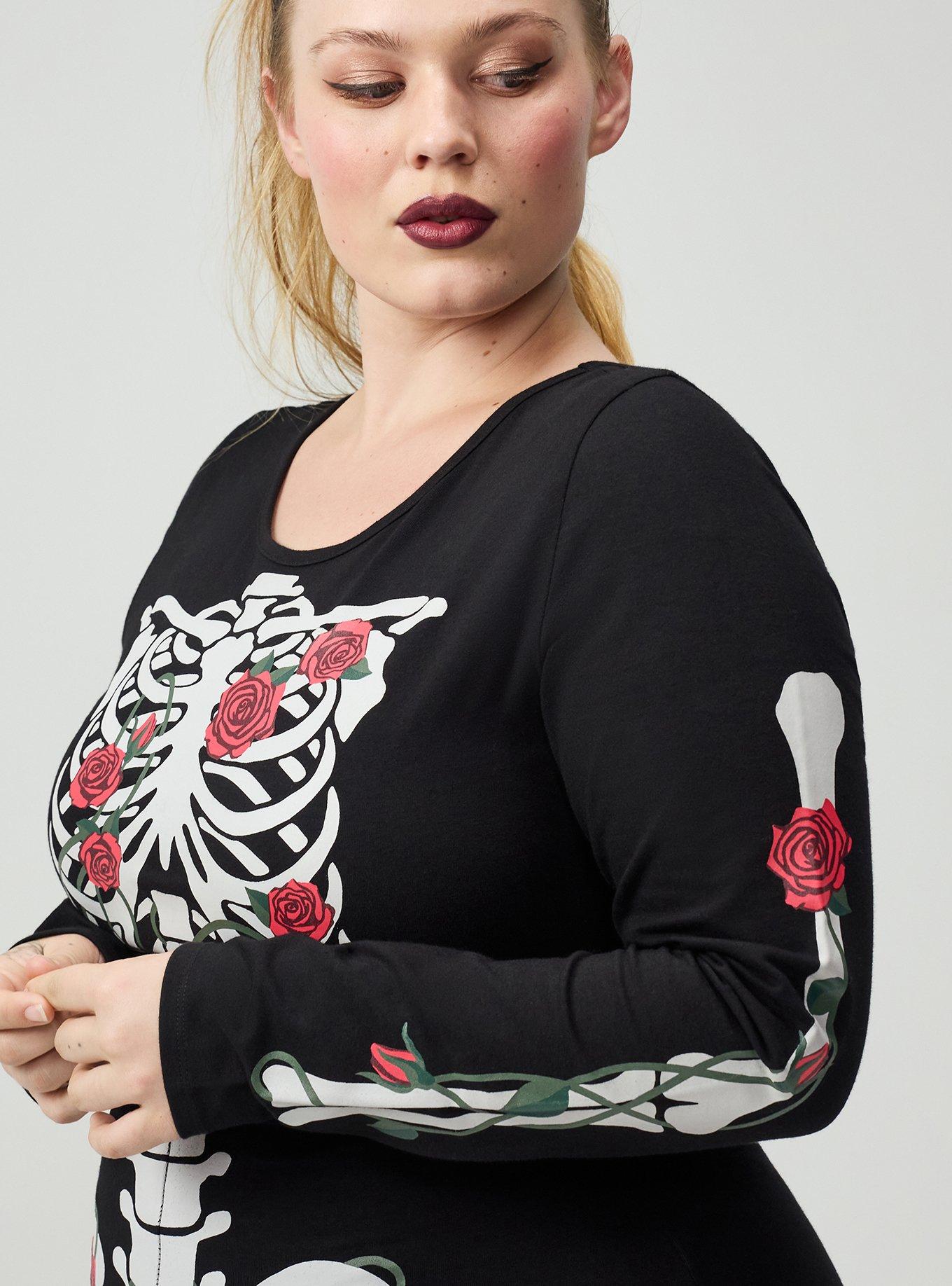 Plus Size Skeleton Long Sleeve Bodysuit, DAY OF ROSES SKELETON DEEP BLACK, alternate
