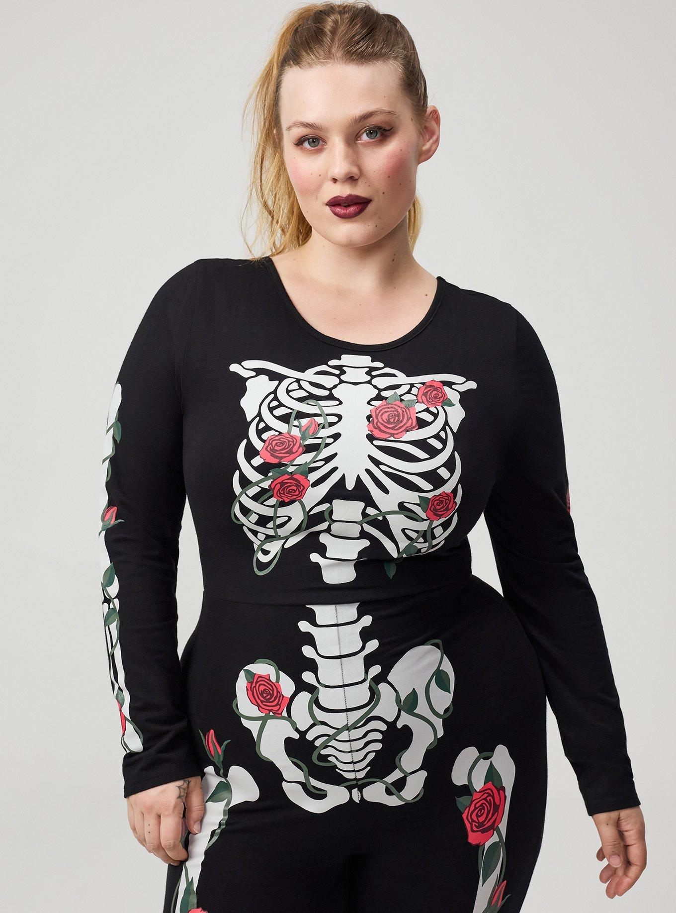 Plus Size Skeleton Long Sleeve Bodysuit, DAY OF ROSES SKELETON DEEP BLACK, alternate