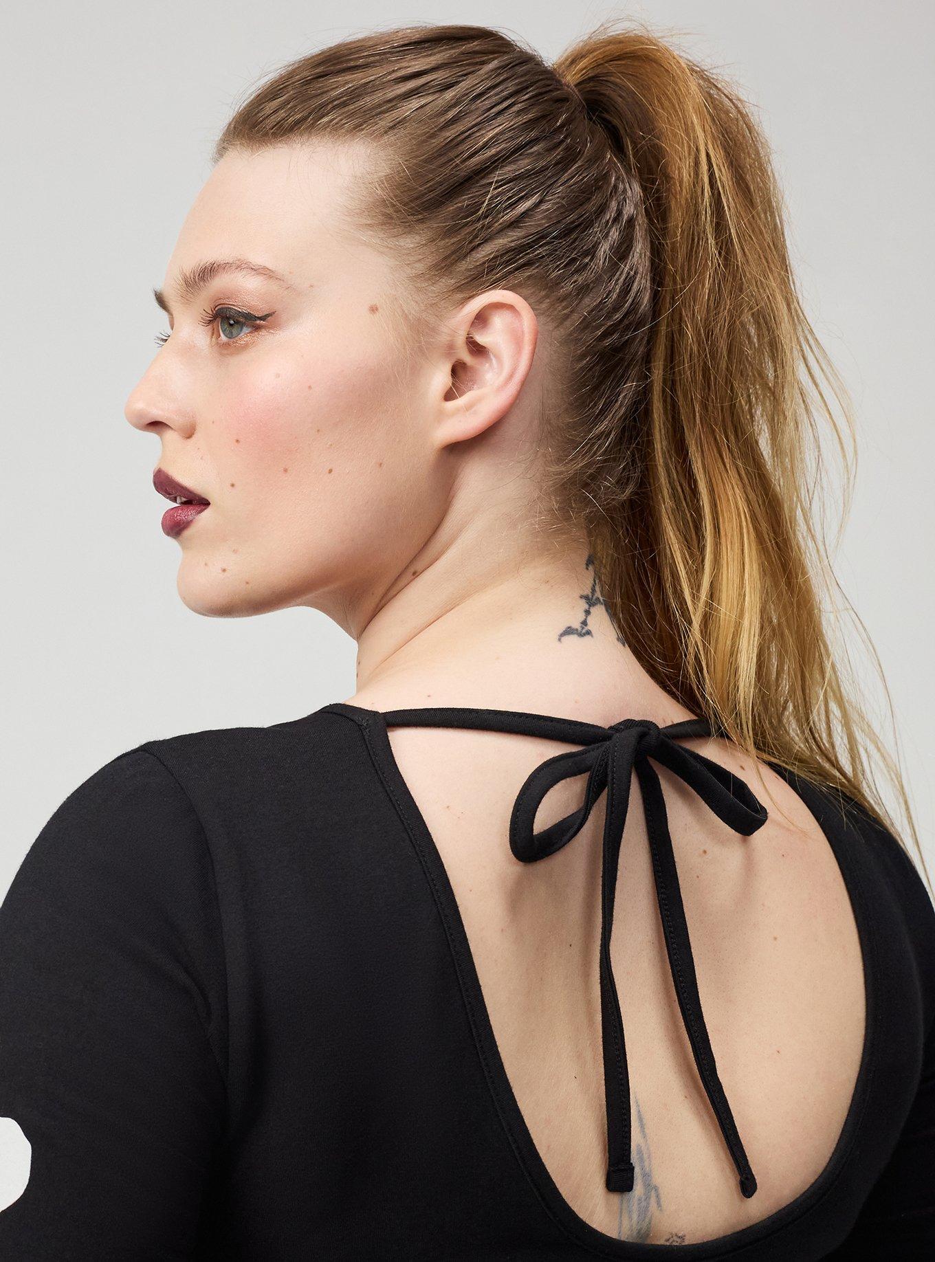 Plus Size Skeleton Long Sleeve Bodysuit, DAY OF ROSES SKELETON DEEP BLACK, alternate