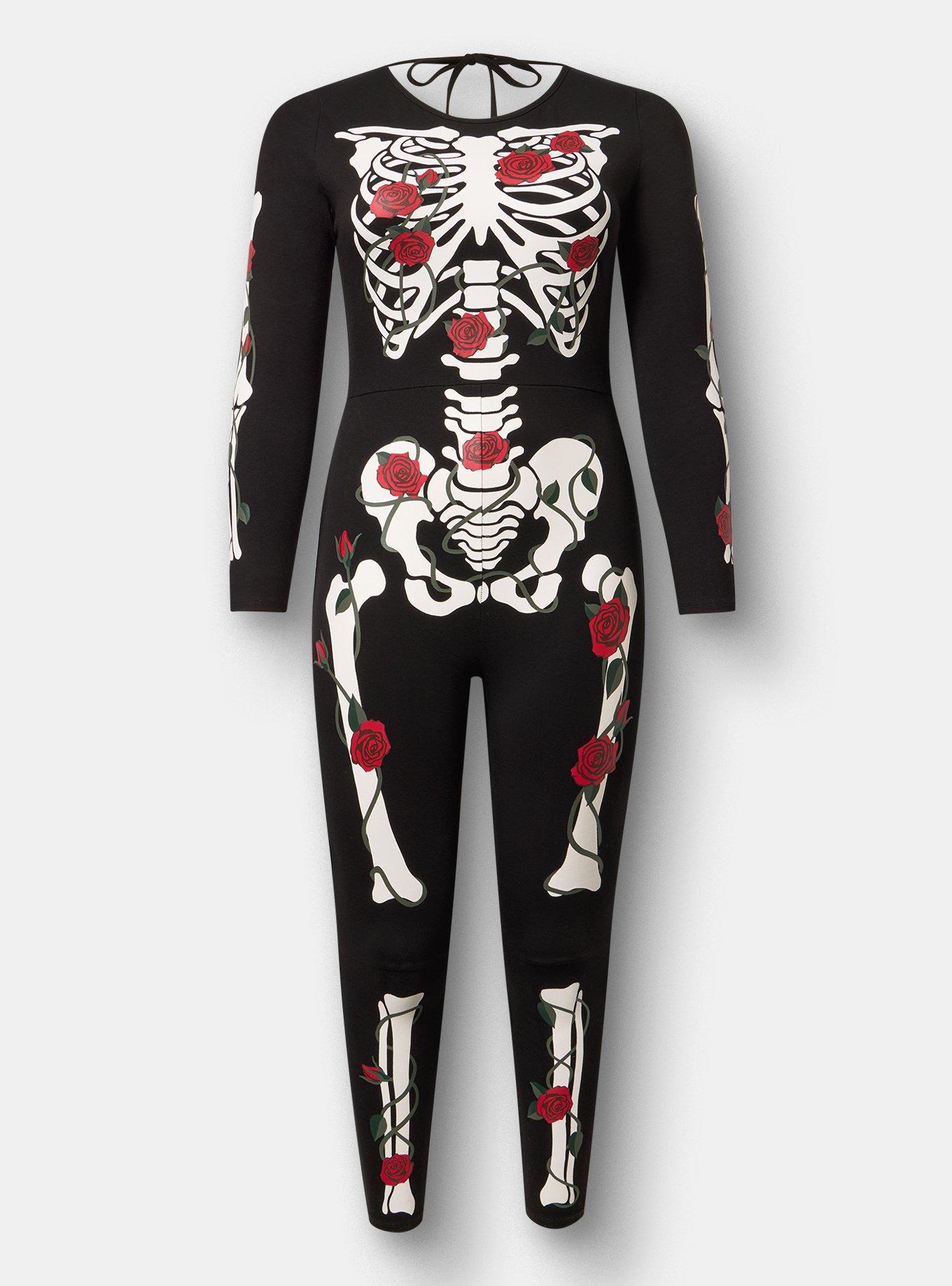 Plus Size Skeleton Long Sleeve Bodysuit, DAY OF ROSES SKELETON DEEP BLACK, flat