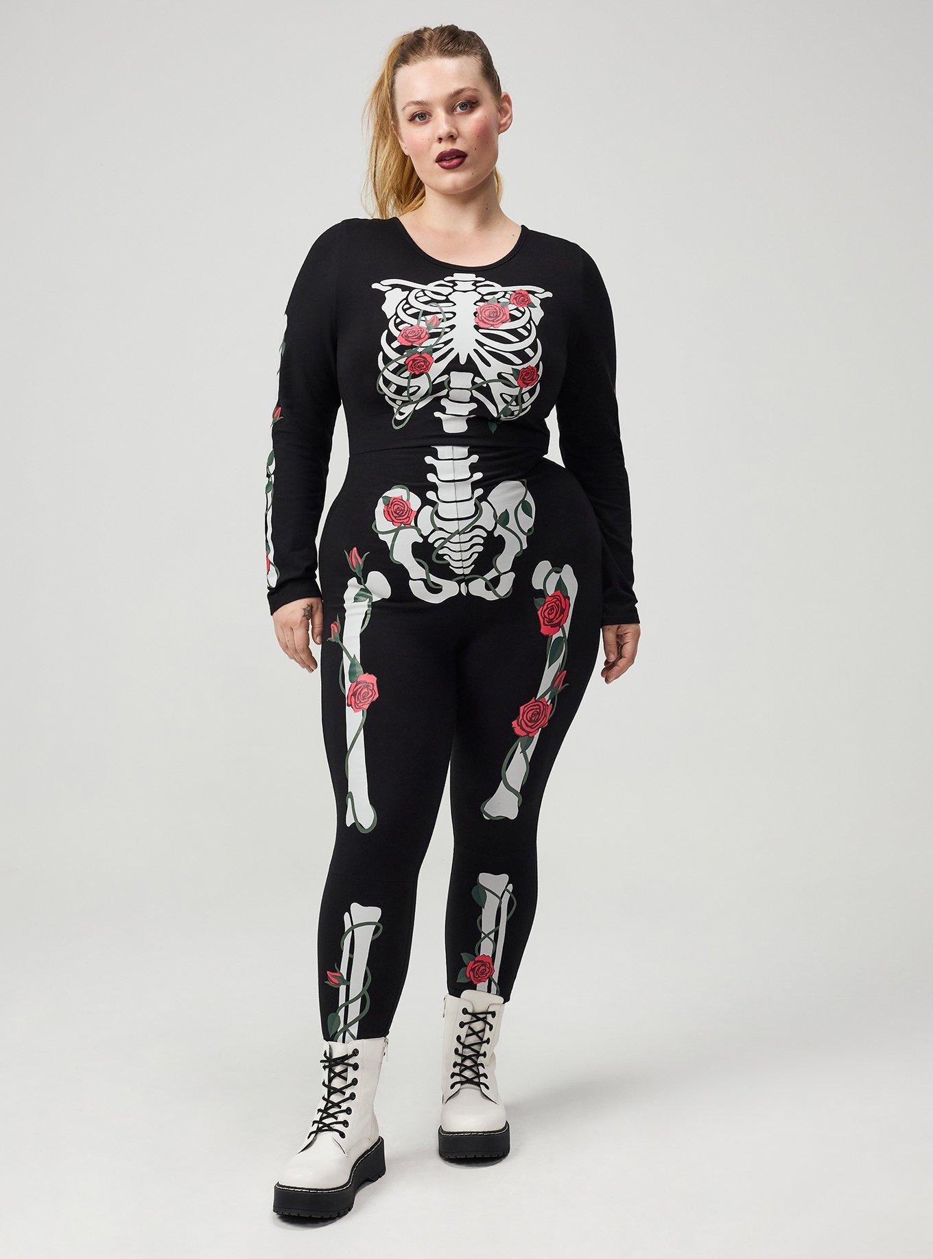 Plus Size Skeleton Long Sleeve Bodysuit, DAY OF ROSES SKELETON DEEP BLACK, hi-res
