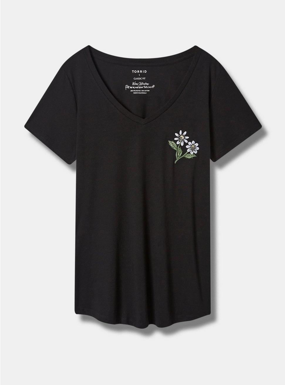 Skull Daisy Embroidered Girlfriend Classic Fit V-Neck Tee, DEEP BLACK, hi-res