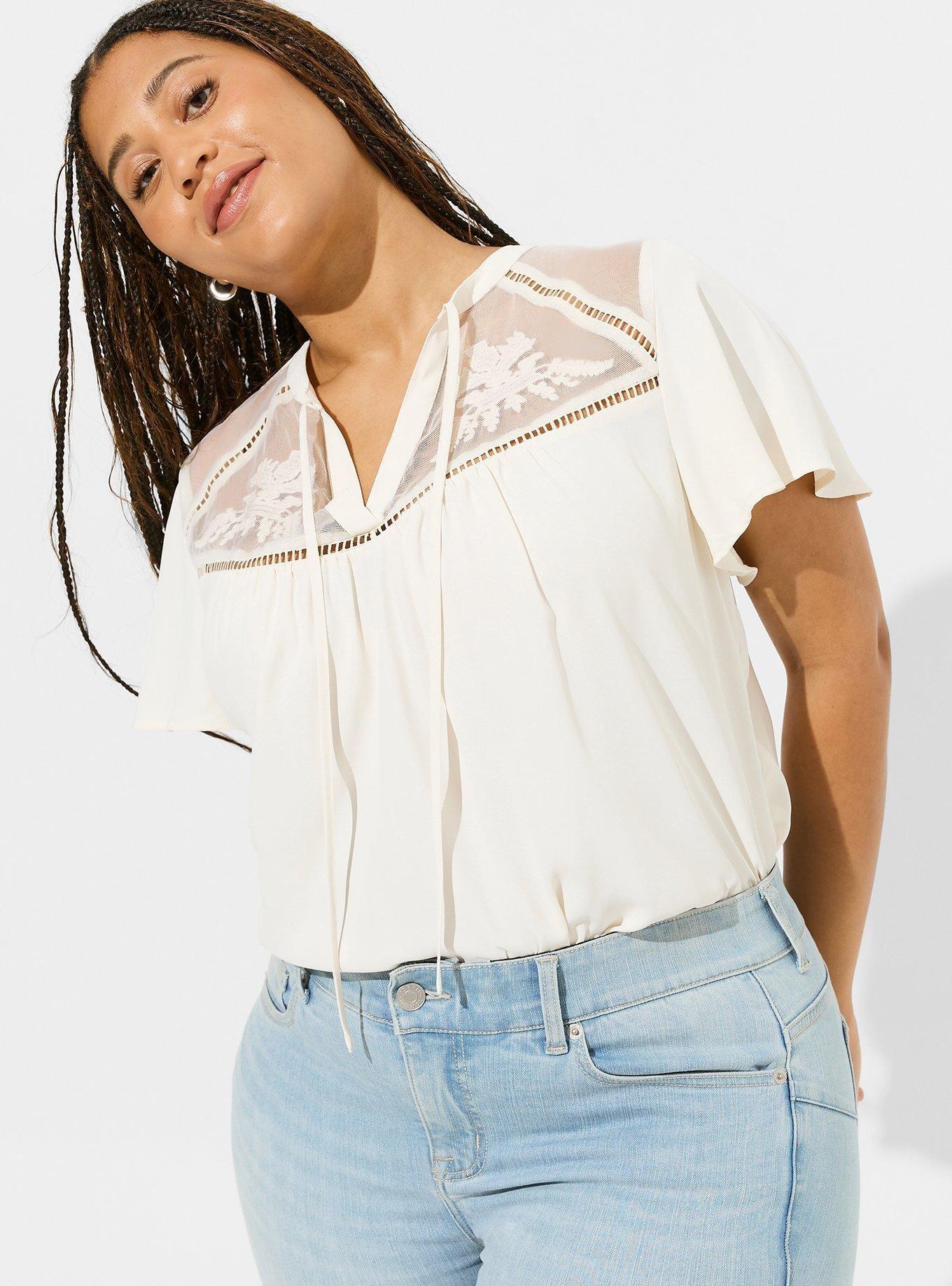 Outlander Thistle Embroidered Yoke Short Sleeve Blouse, IVORY, hi-res
