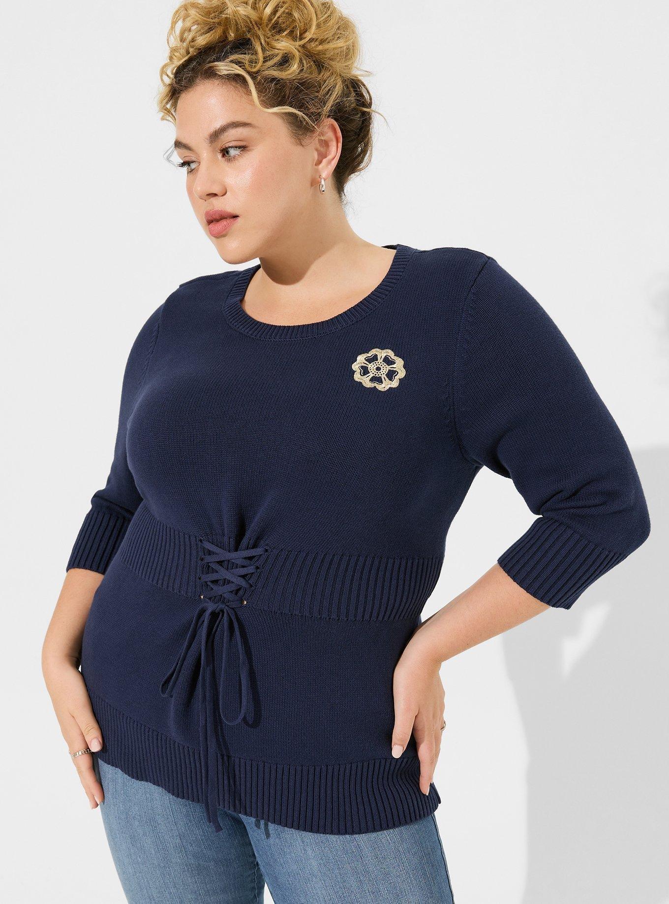 Plus Size Outlander Lattice Front Quarter Sleeve Tunic Sweater Torrid