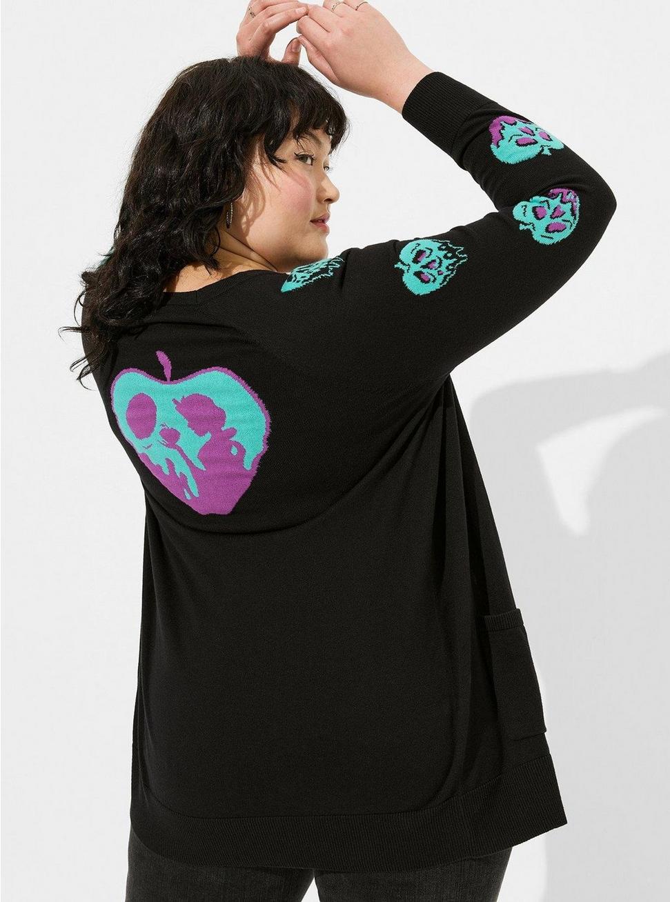 Plus Size Disney Poison Apple Intarsia Button Front Cardigan Sweater, DEEP BLACK, hi-res