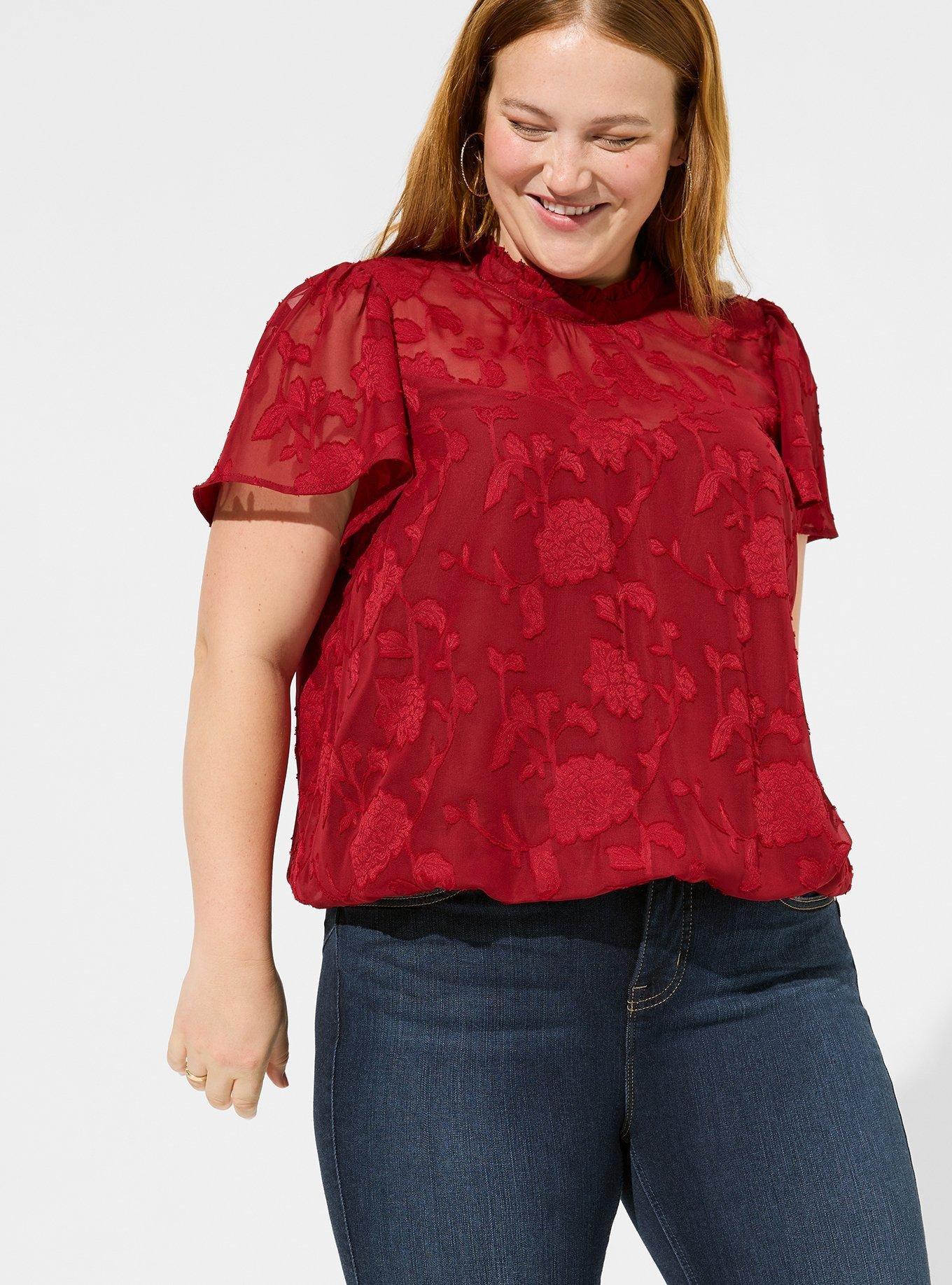 Plus Size - Chiffon Clip Floral Bubble Hem Flutter Sleeve Top - Torrid