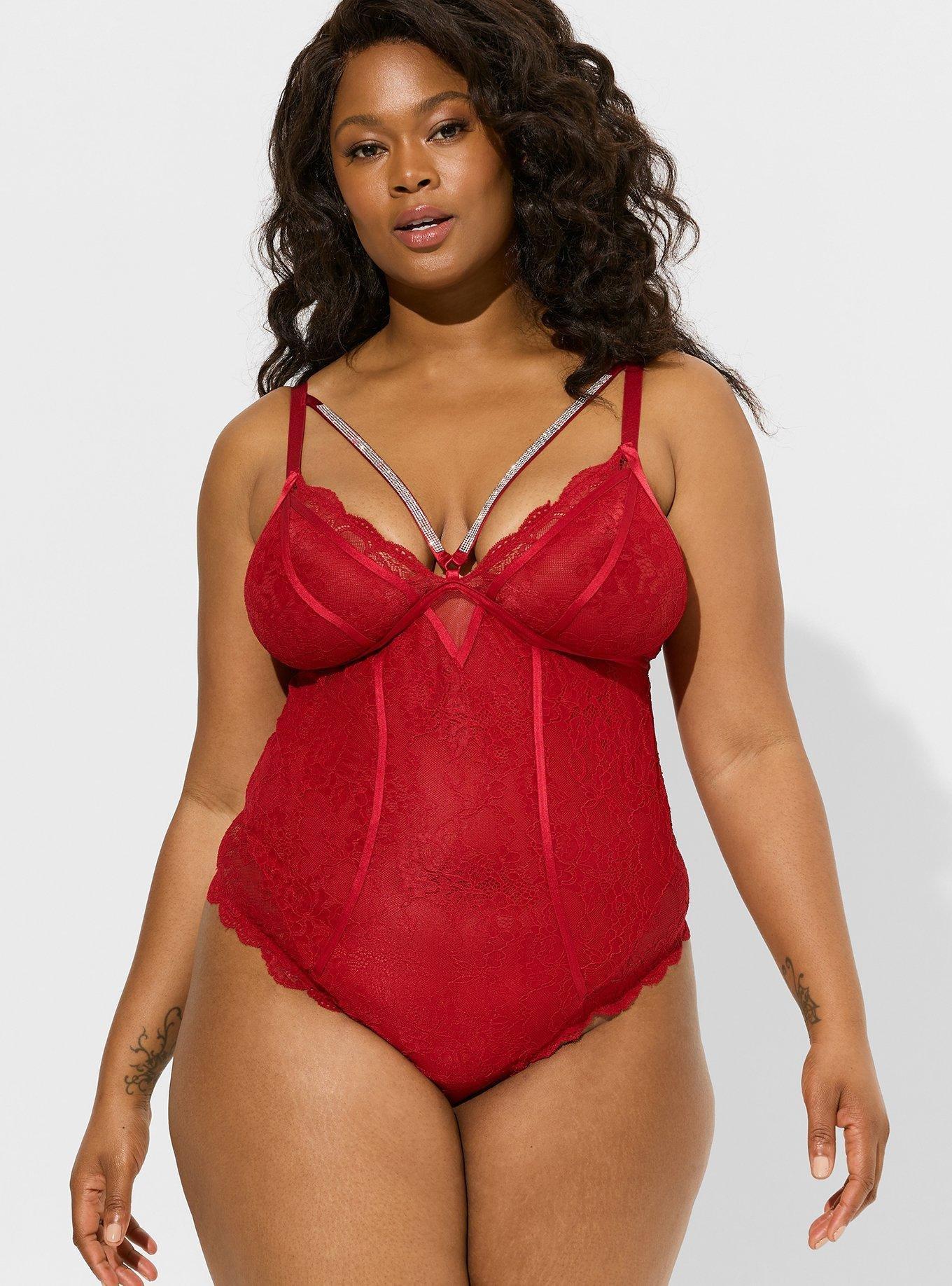 Women's Red Sheer Lace Thong Bodysuit | Be Wicked