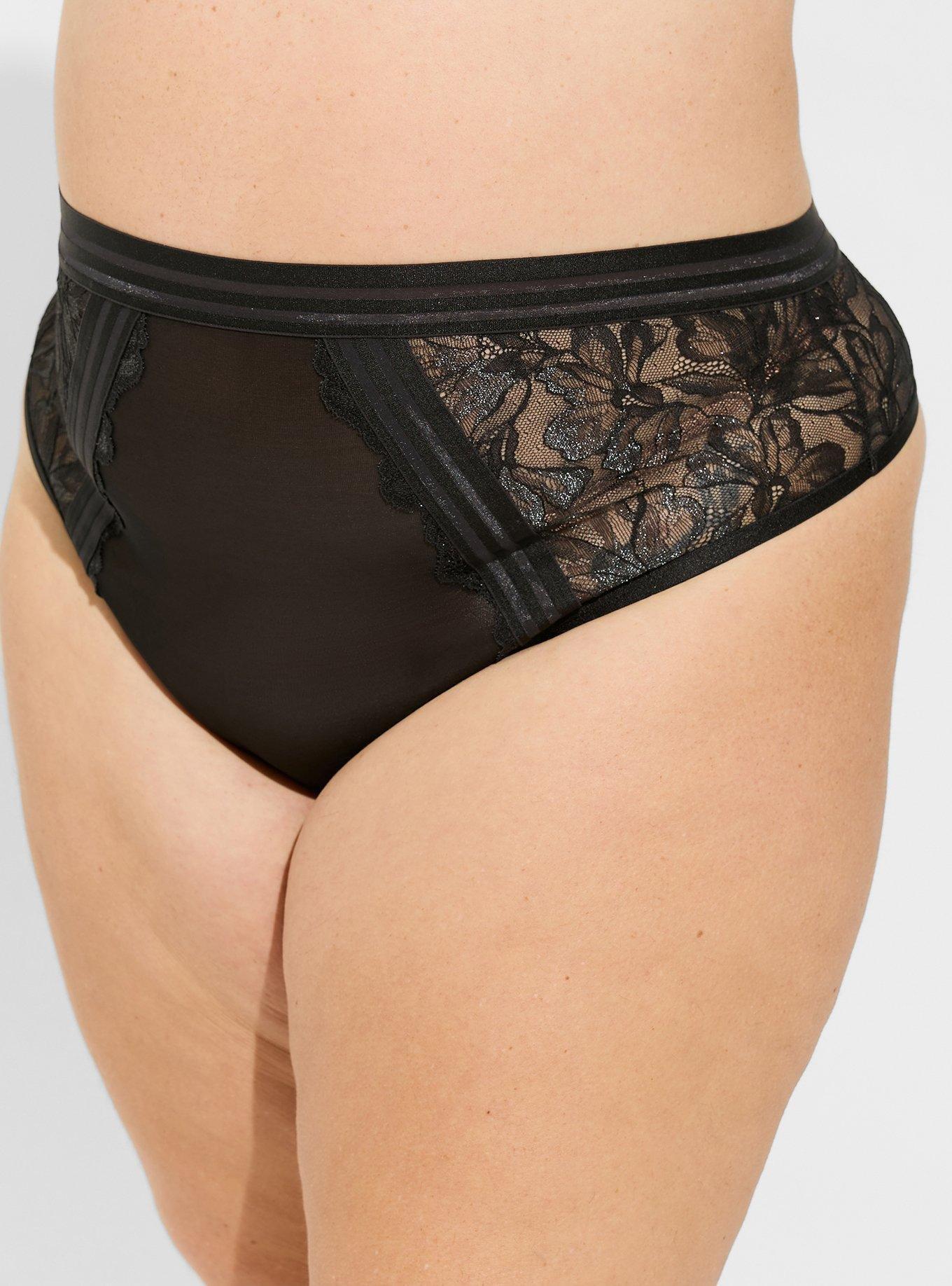 Striped Mesh Elastic High Waist Thong, RICH BLACK, alternate