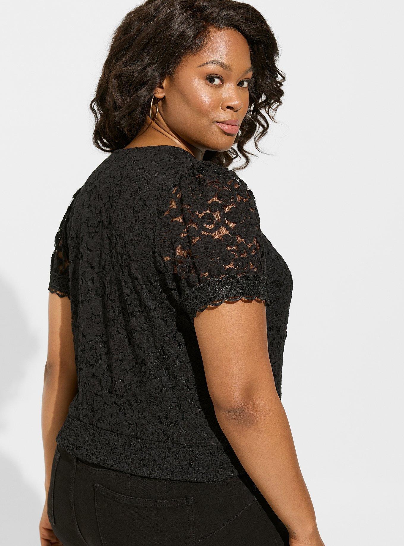 Plus Size Stretch Lace Surplice Crop Top, DEEP BLACK, alternate