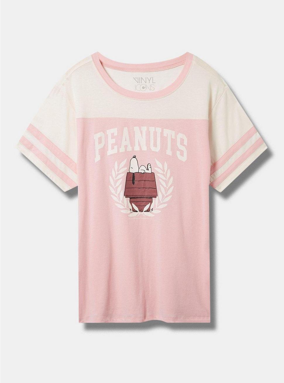 Plus Size Snoopy Classic Fit Cotton Varsity Boat Neck Elbow Sleeve Tee, PINK, hi-res