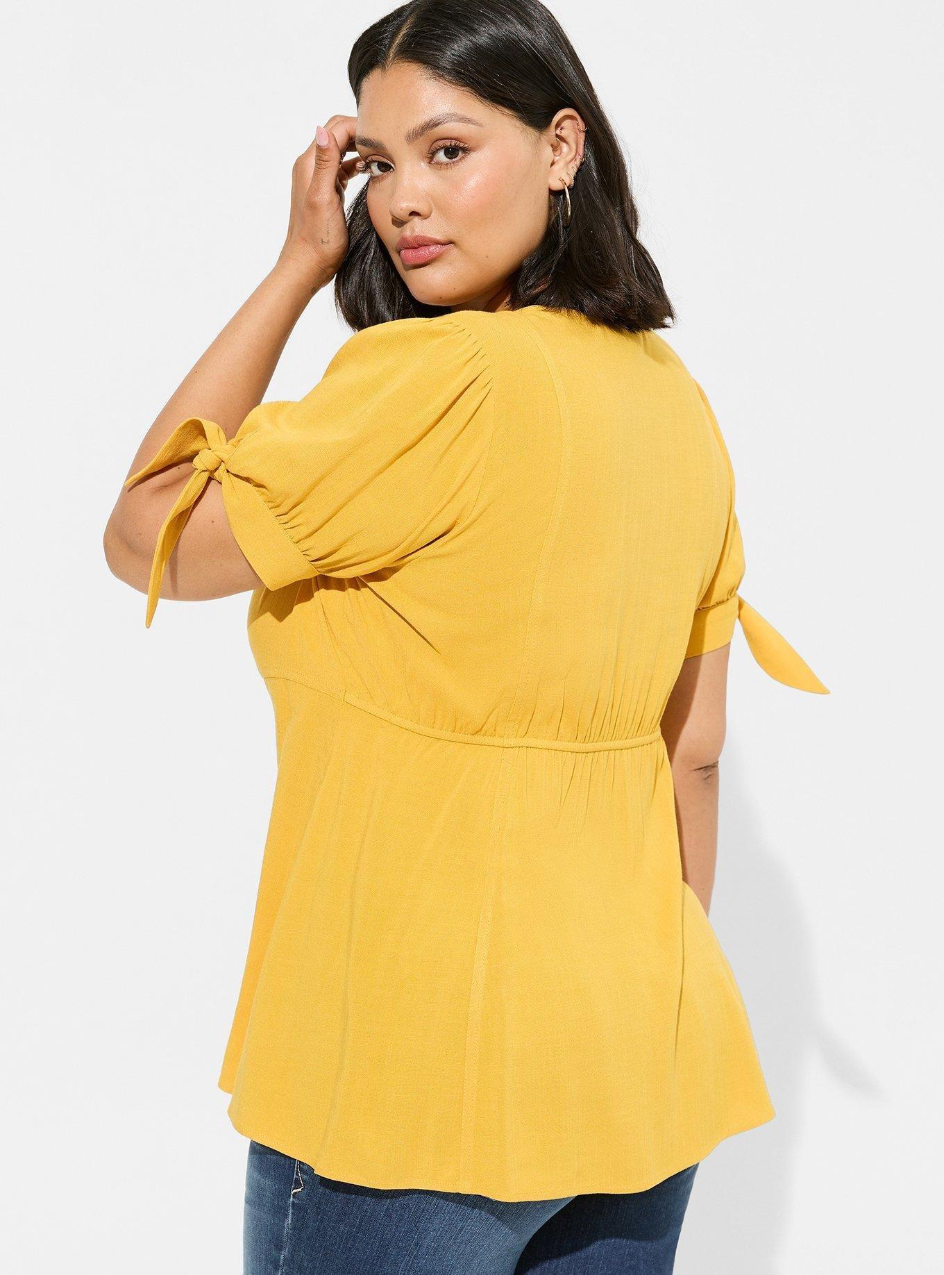 Plus Size - Fit & Flare Rayon Slub Button Up Tie Sleeve Top - Torrid