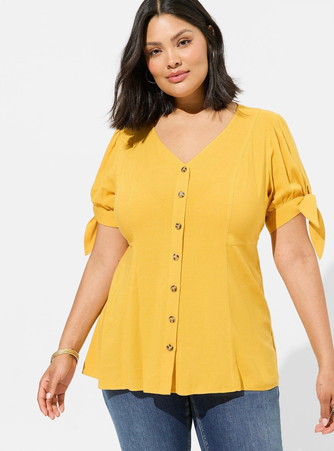 Plus Size - Fit & Flare Rayon Slub Button Up Tie Sleeve Top - Torrid