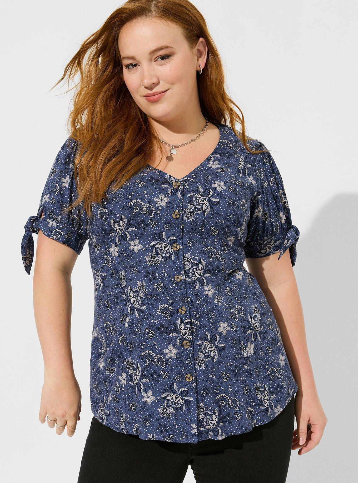 Plus Size - Fit & Flare Rayon Slub Button Up Tie Sleeve Top - Torrid