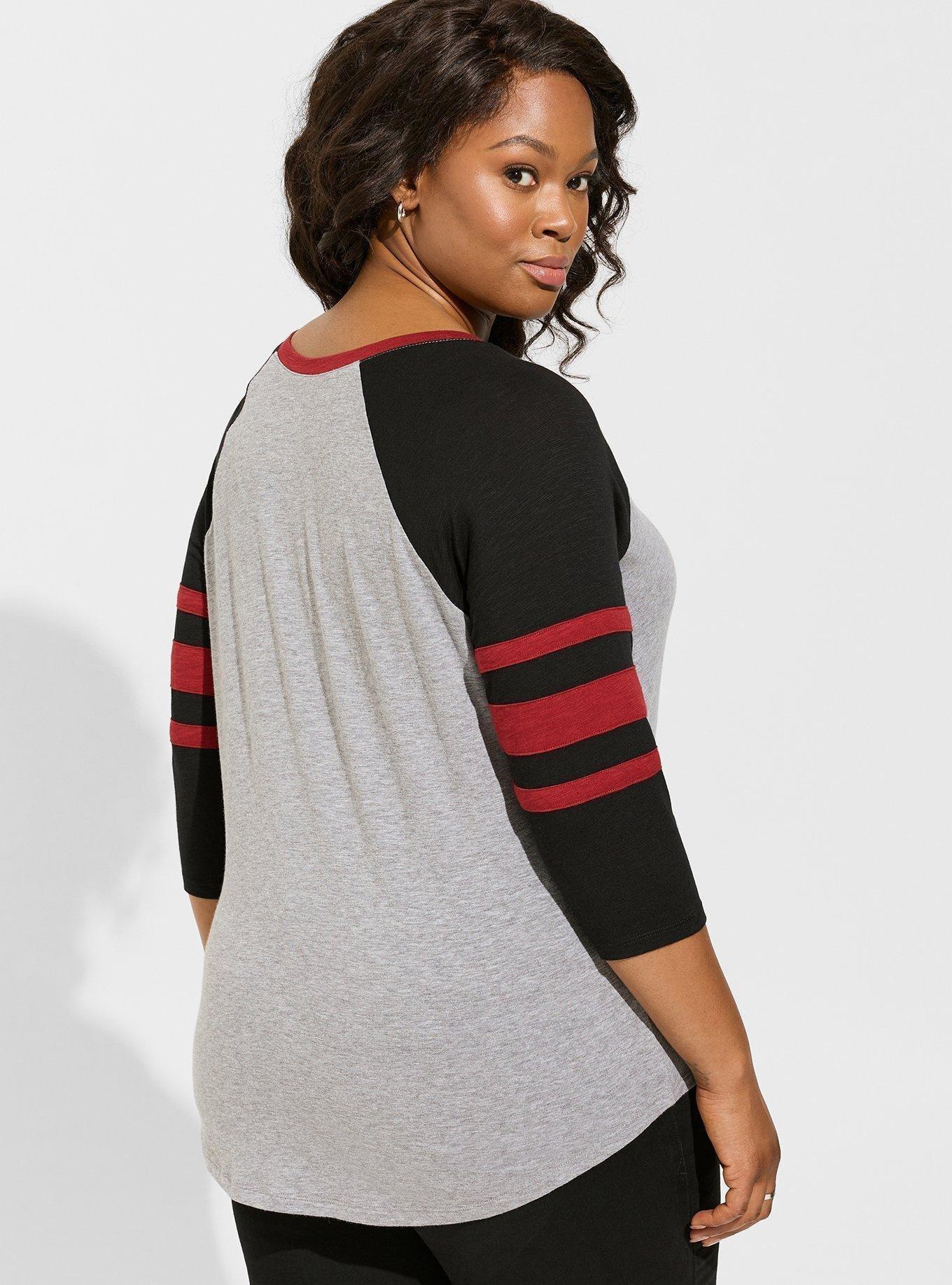 Plus Size Baseball Shirt - Black with Red Sleeves