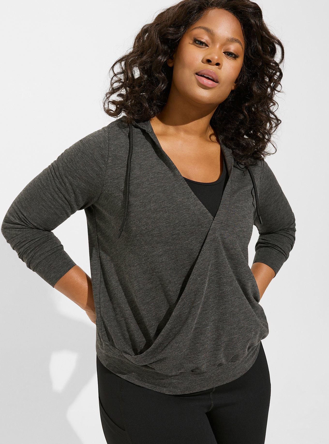 French Terry Surplice Long Sleeve Active Hoodie, DEEP BLACK HEATHER, hi-res