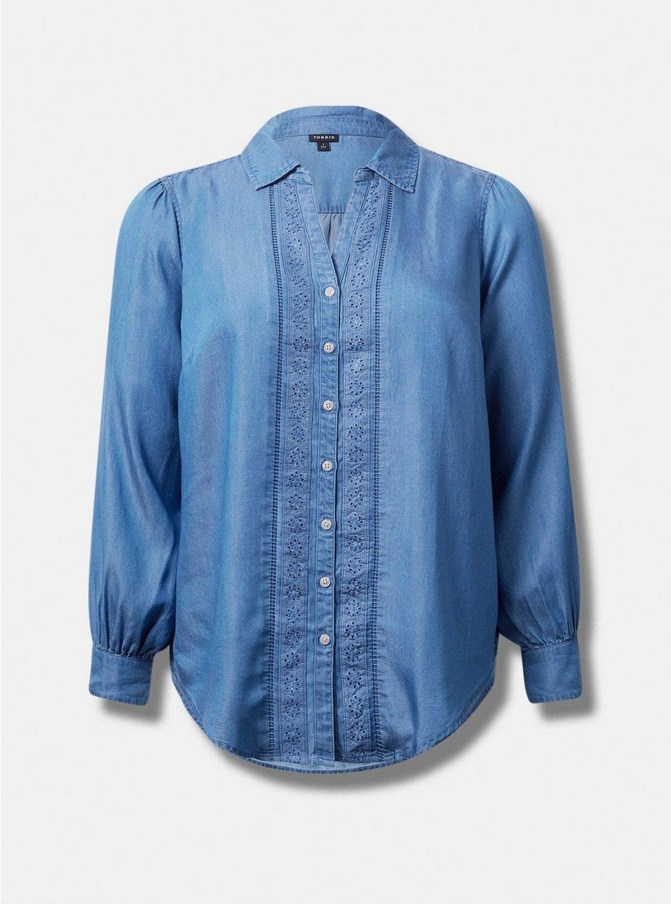 Plus Size Chambray Button Up Shirt, MEDIUM WASH, hi-res