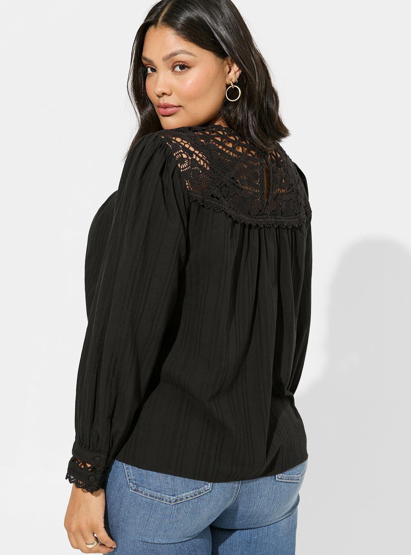 Plus Size - Cotton Lace Trim Yoke Blouson Sleeve Top - Torrid