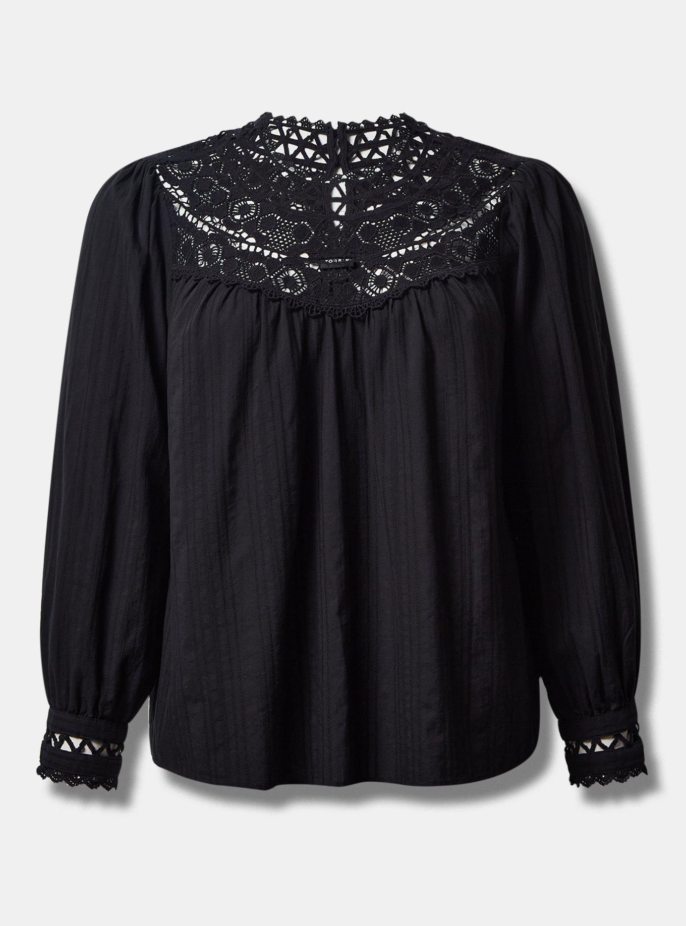 Cotton Lace Trim Yoke Blouson Sleeve Top