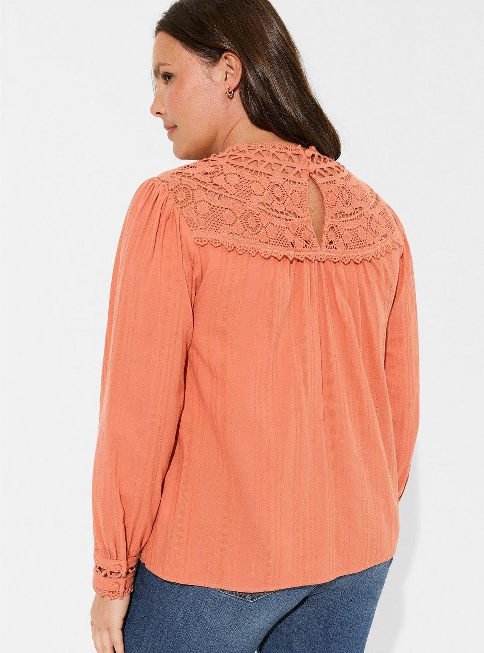 Plus Size Cotton Lace Trim Yoke Blouson Sleeve Top, APRICOT BRANDY, alternate
