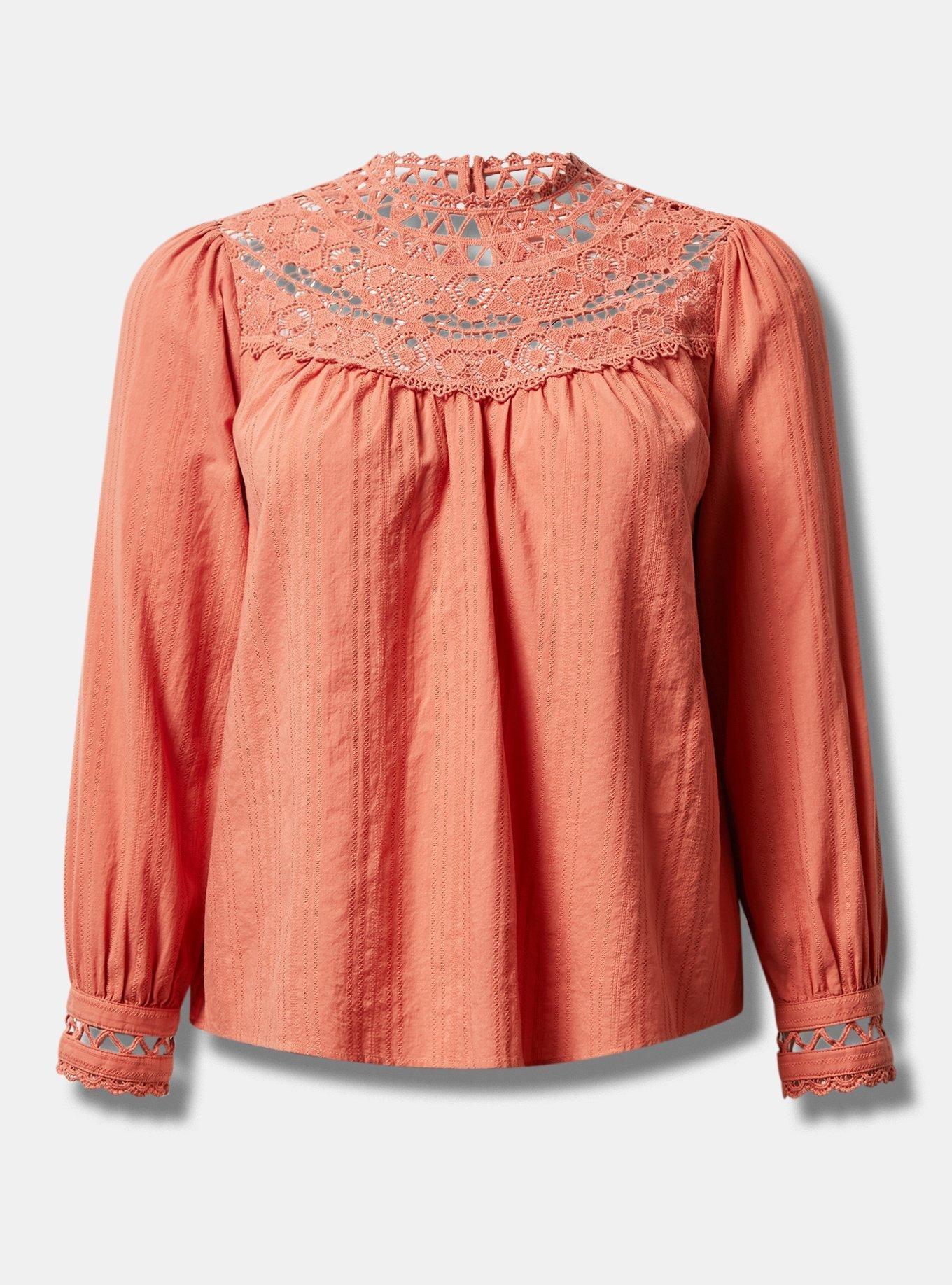 Plus Size - Cotton Lace Trim Yoke Blouson Sleeve Top - Torrid