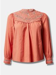 Plus Size Cotton Lace Trim Yoke Blouson Sleeve Top, APRICOT BRANDY, hi-res