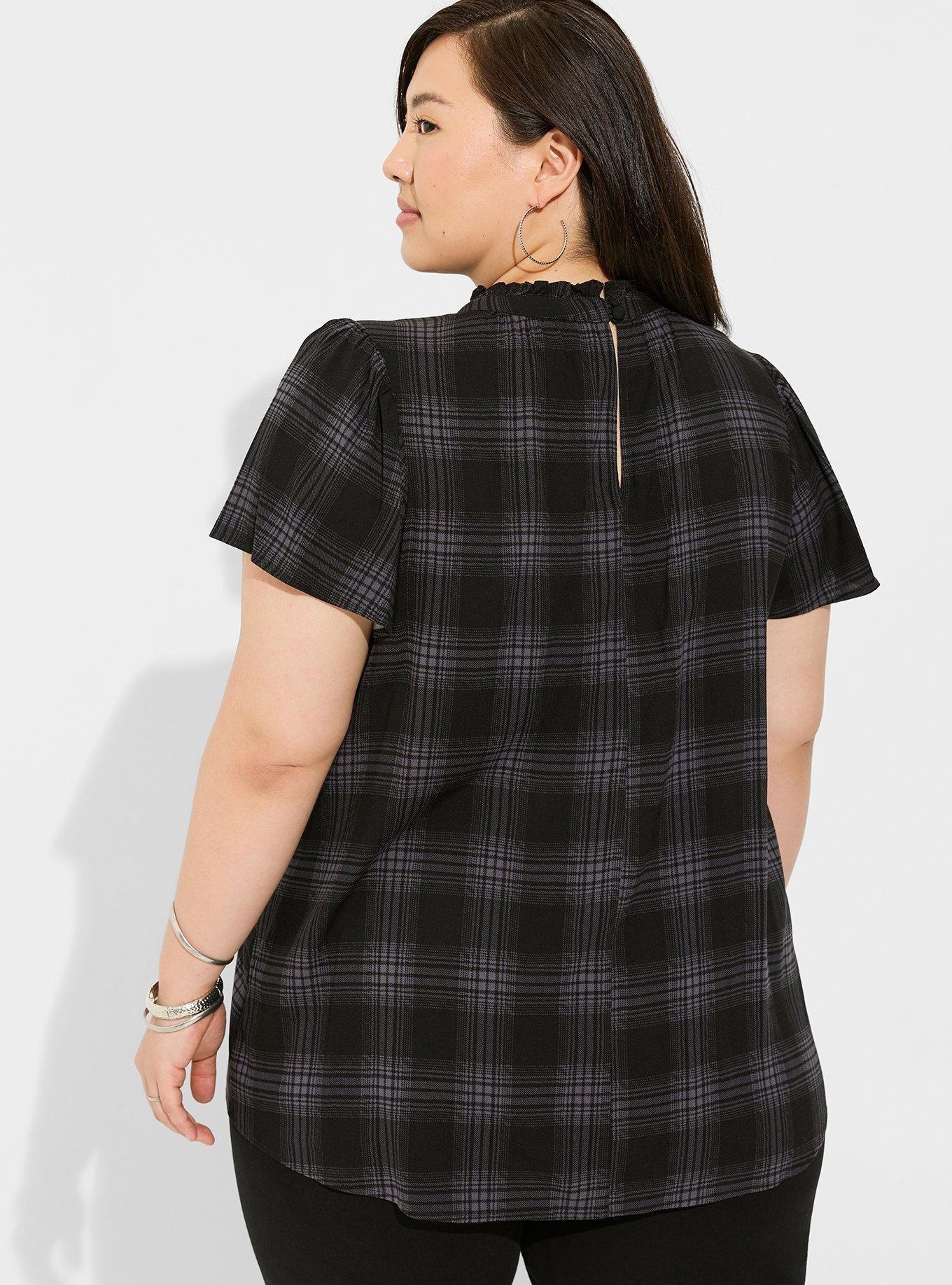 Rayon Slub Mock Neck Flutter Sleeve Top, SHADOW PLAID, alternate