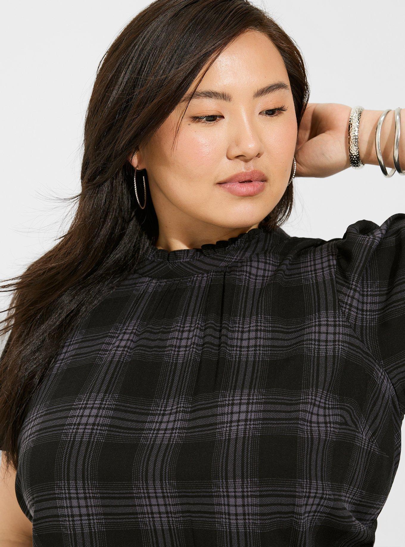 Rayon Slub Mock Neck Flutter Sleeve Top, SHADOW PLAID, alternate