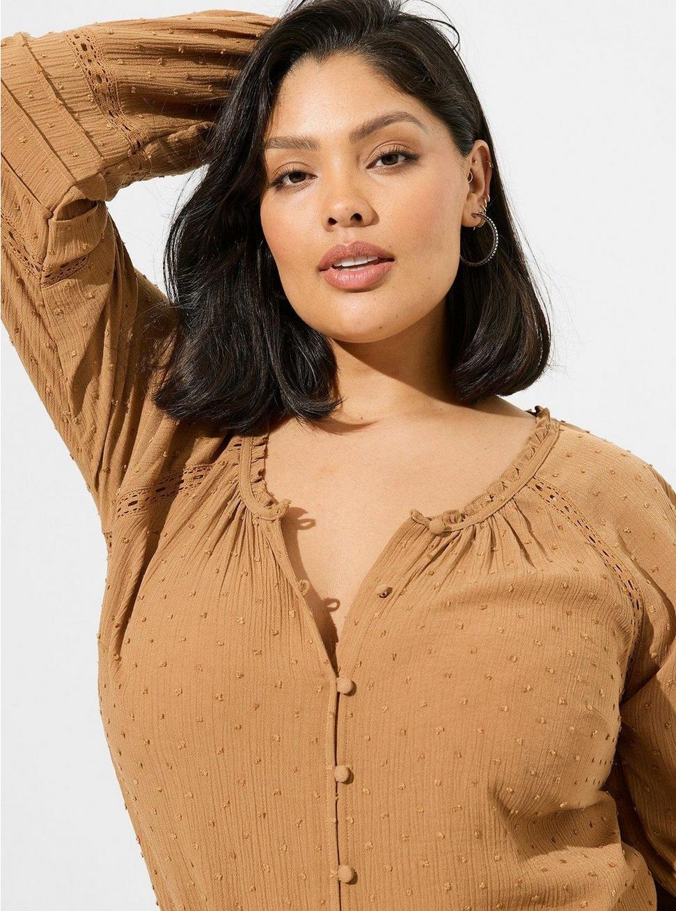 Washable Gauze Lace Inset Top, TOBACCO BROWN, alternate