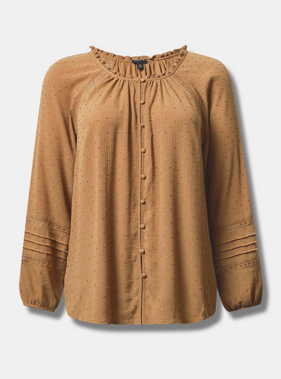Washable Gauze Lace Inset Top, TOBACCO BROWN, hi-res