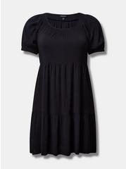 Plus Size Mini Rayon Slub Puff Sleeve Smocked Dress, DEEP BLACK, hi-res