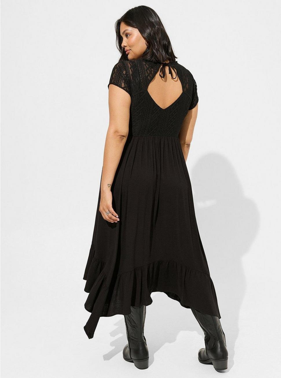 Midi Rayon Slub Lace Trim Dress, DEEP BLACK, alternate