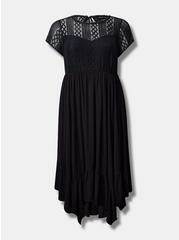 Midi Rayon Slub Lace Trim Dress, DEEP BLACK, hi-res