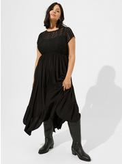Midi Rayon Slub Lace Trim Dress, DEEP BLACK, hi-res