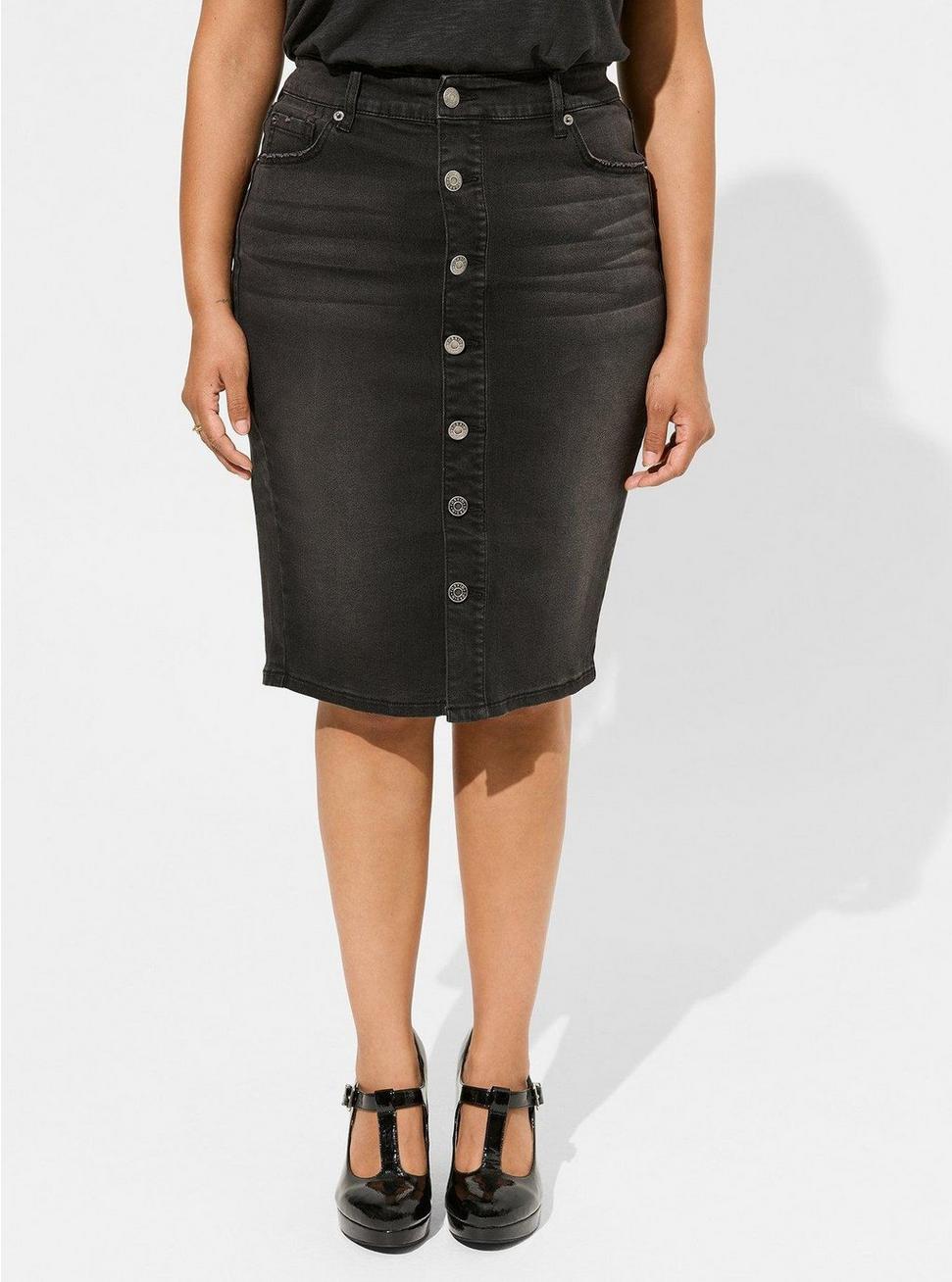 Plus Size Midi Denim Button Front Skirt, BLACKOUT, alternate