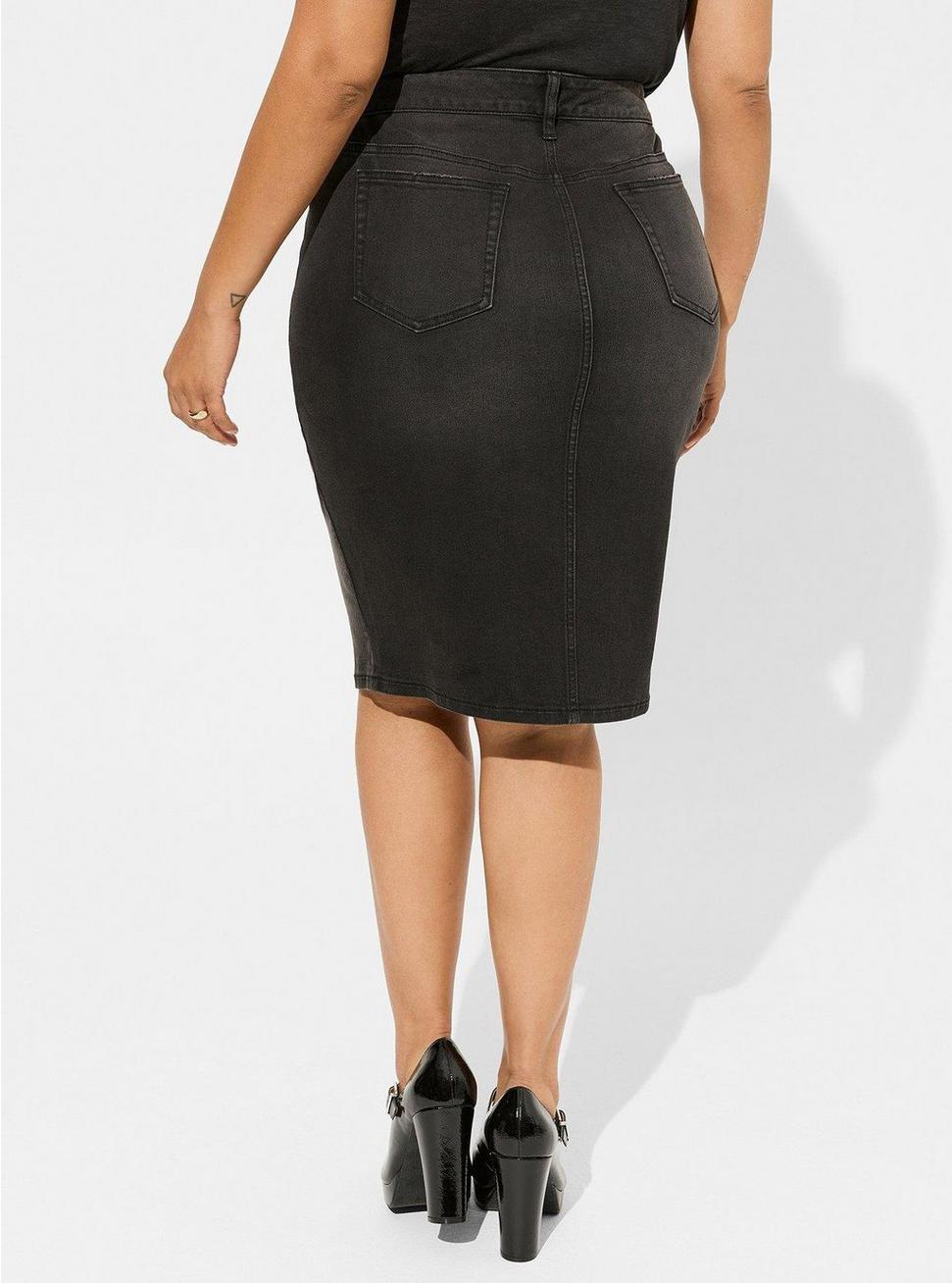 Plus Size Midi Denim Button Front Skirt, BLACKOUT, alternate