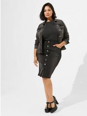 Plus Size Midi Denim Button Front Skirt, BLACKOUT, hi-res
