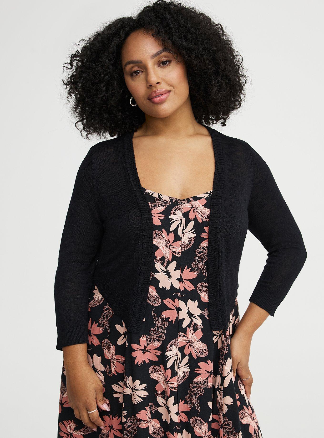 3/4 Sleeve Cropped Shrug, DEEP BLACK, alternate