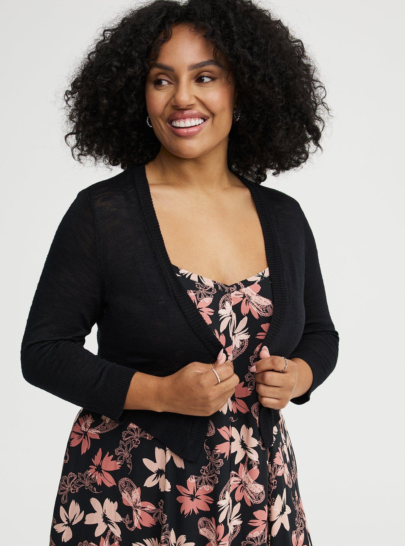 3/4 Sleeve Cropped Shrug, DEEP BLACK, alternate