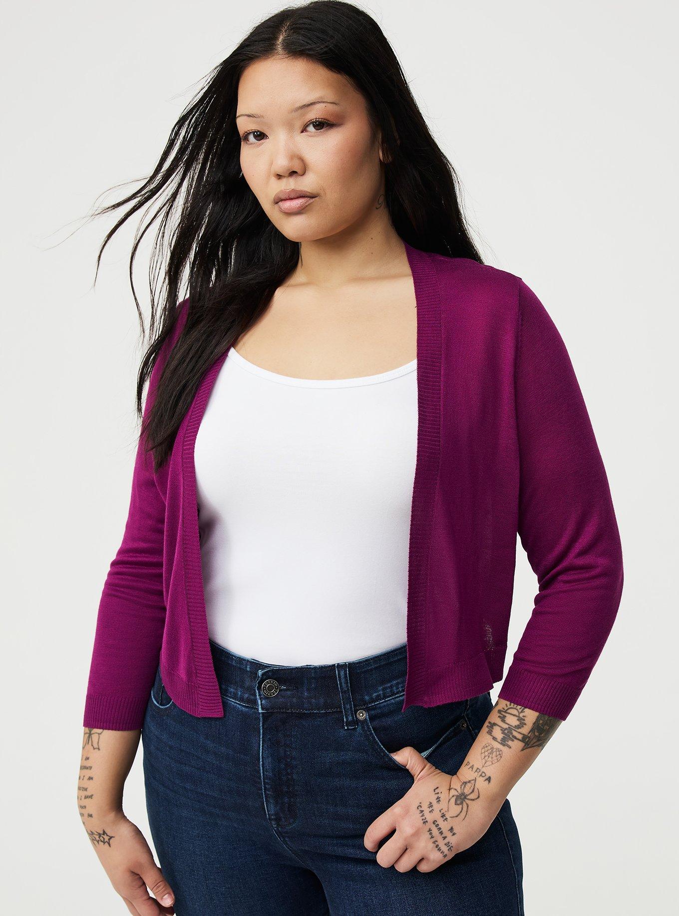 3/4 Sleeve Cropped Shrug, PLUM CASPIA, hi-res