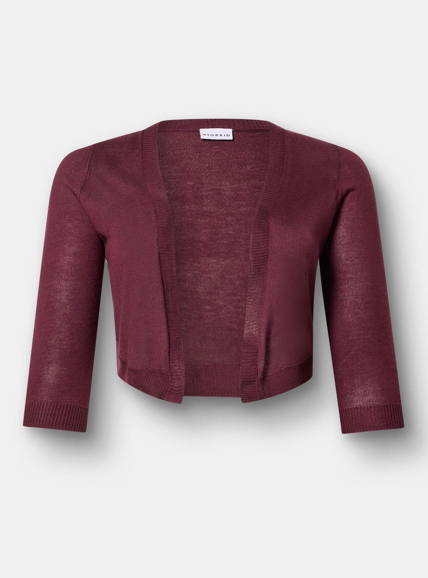 Plus Size 3/4 Sleeve Cropped Shrug, WINETASTING, flat