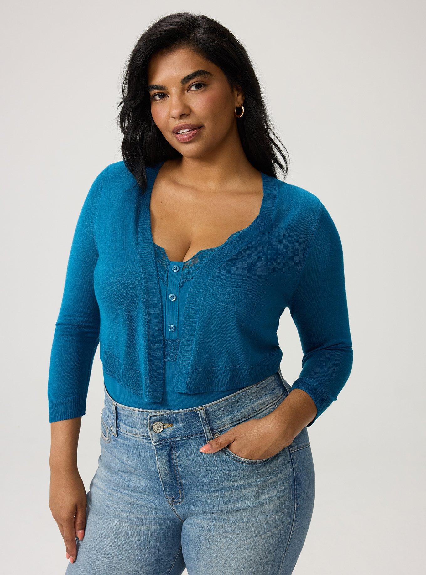 3/4 Sleeve Cropped Shrug, LYONS BLUE, hi-res