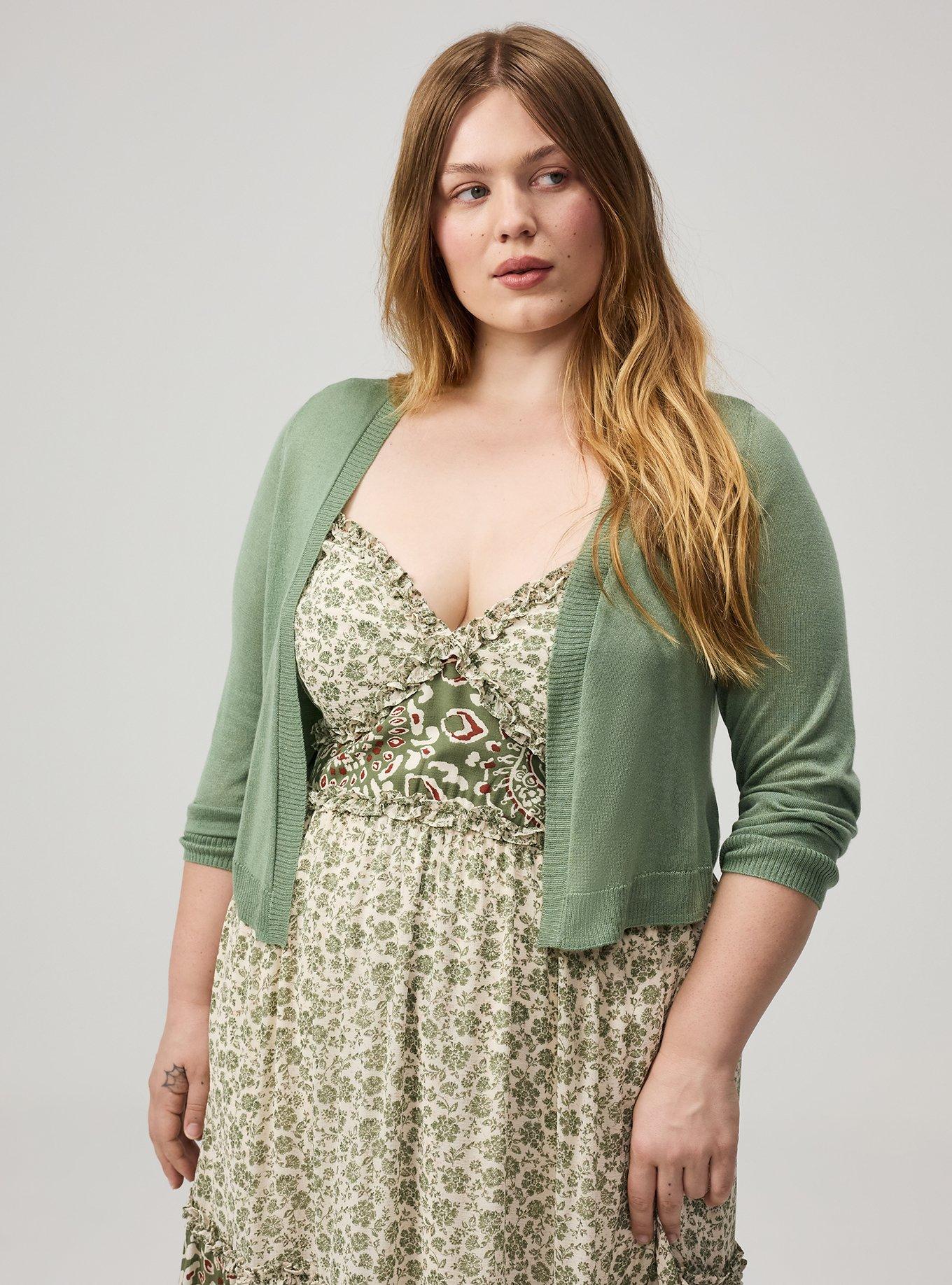 Plus Size 3/4 Sleeve Cropped Shrug, HEDGE GREEN, alternate