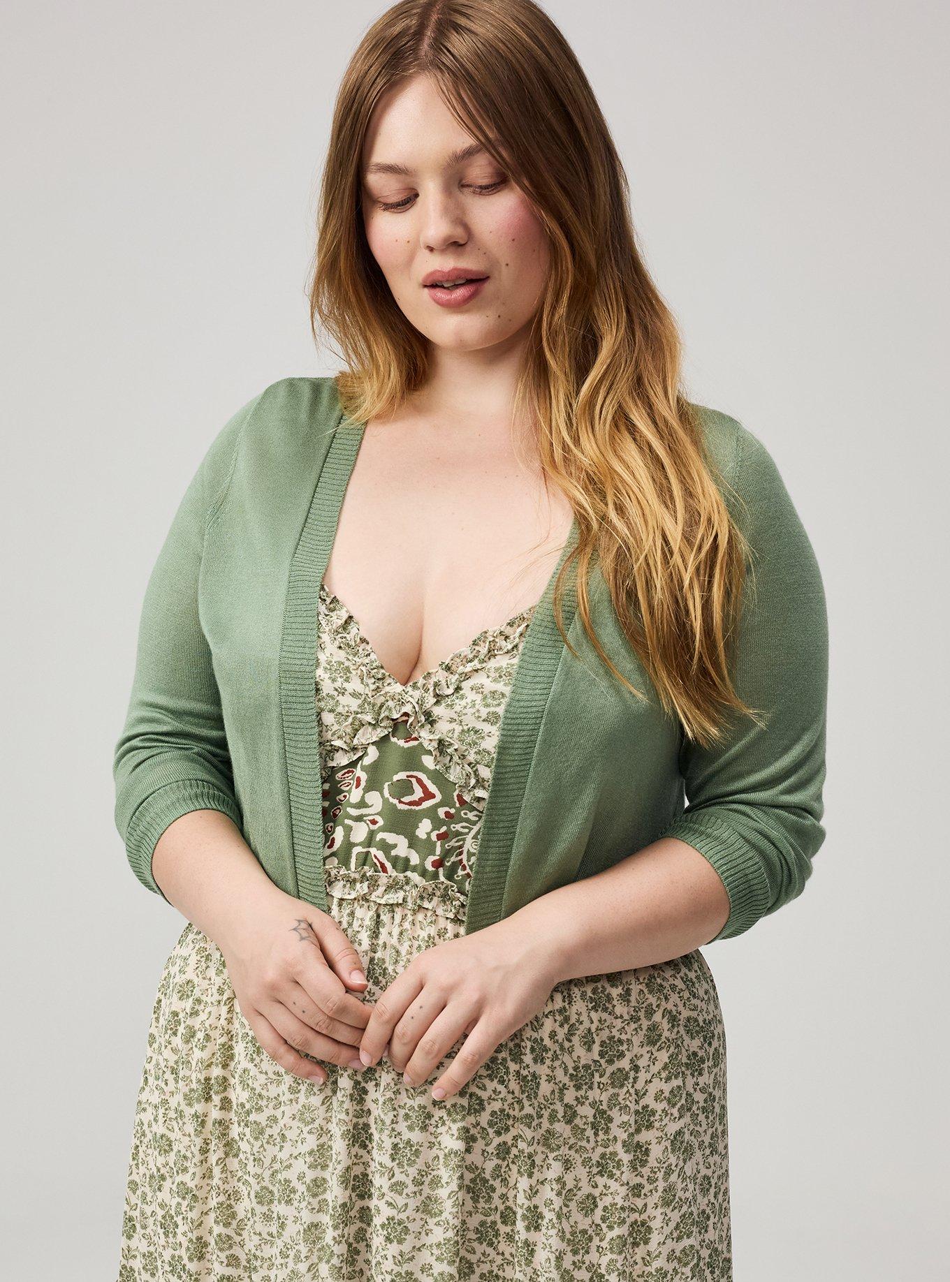 Plus Size 3/4 Sleeve Cropped Shrug, HEDGE GREEN, alternate